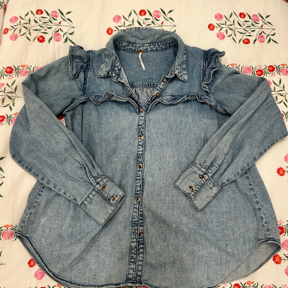 Free People Light Wash Denim Button-Down Shirt with Ruffle Detail